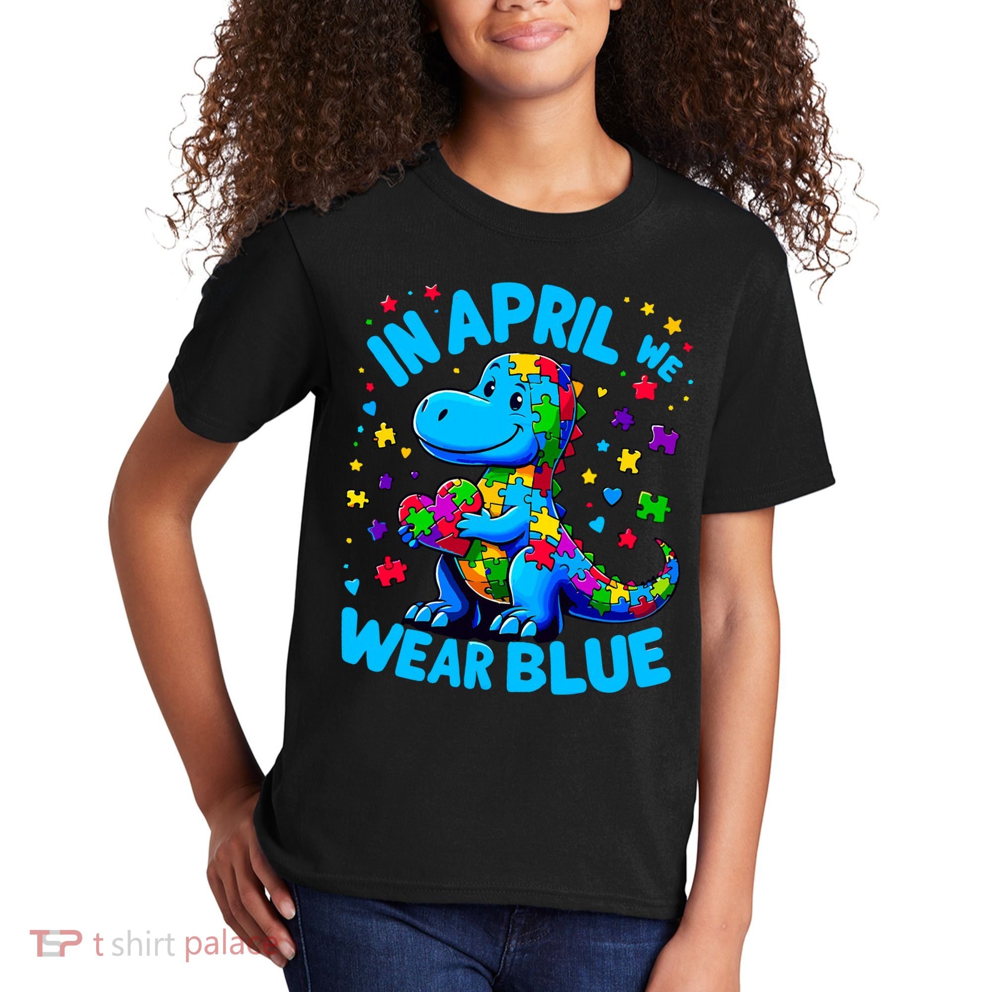 Autism Awareness In April We Wear Blue T-Rex Dino Kids T-Shirt