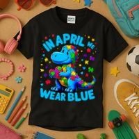 Autism Awareness In April We Wear Blue T-Rex Dino Kids T-Shirt thumb 3