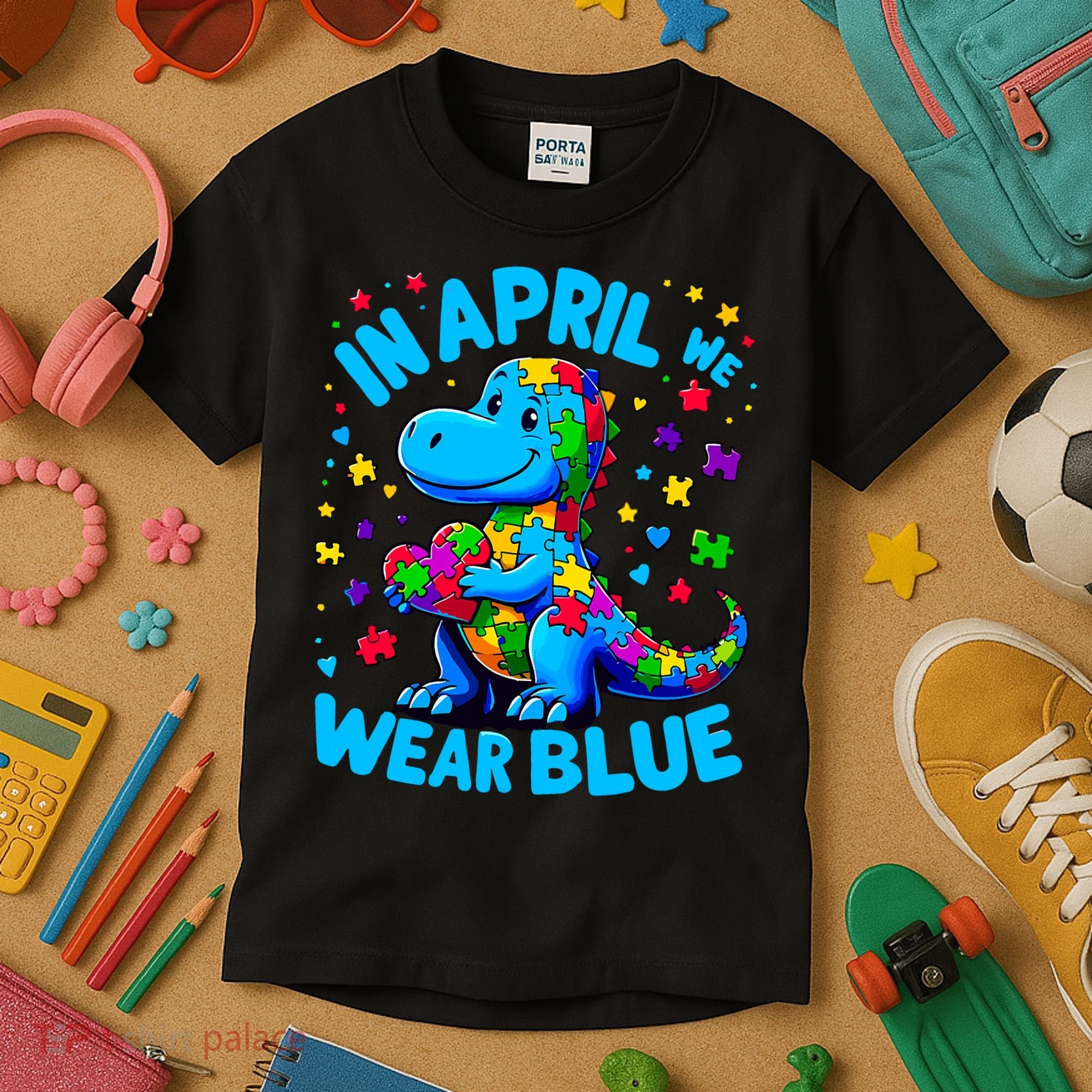 Autism Awareness In April We Wear Blue T-Rex Dino Kids T-Shirt