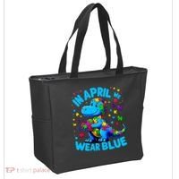 Autism Awareness In April We Wear Blue T-Rex Dino Tote Bag thumb 2