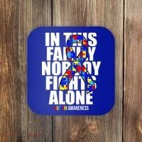 Autism Awareness In This Family Nobody Fights Alone Ribbon Coaster thumb 0
