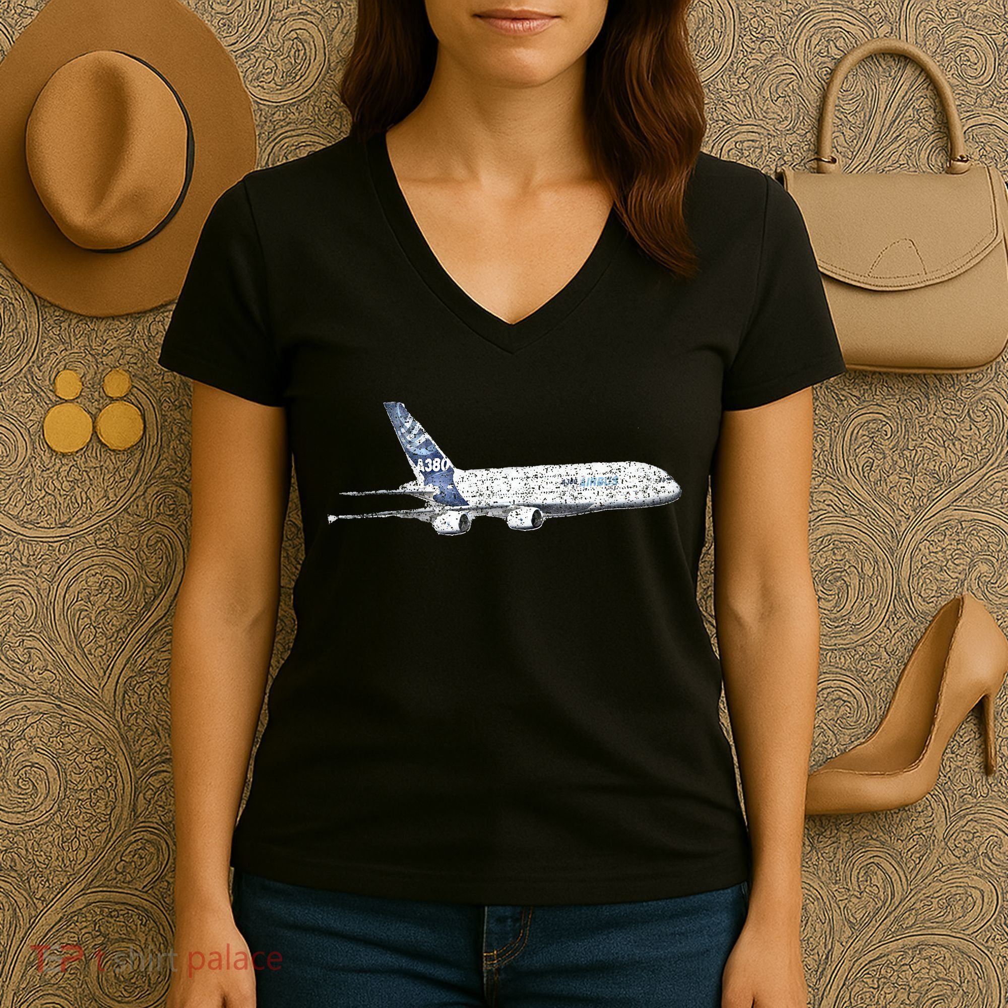 Airbus A380 Jet Airplane Airline Aviation Pilot Women's V-Neck T-Shirt