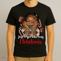 African American Just A Girl Who Loves Christmas Black T-Shirt thumb 3