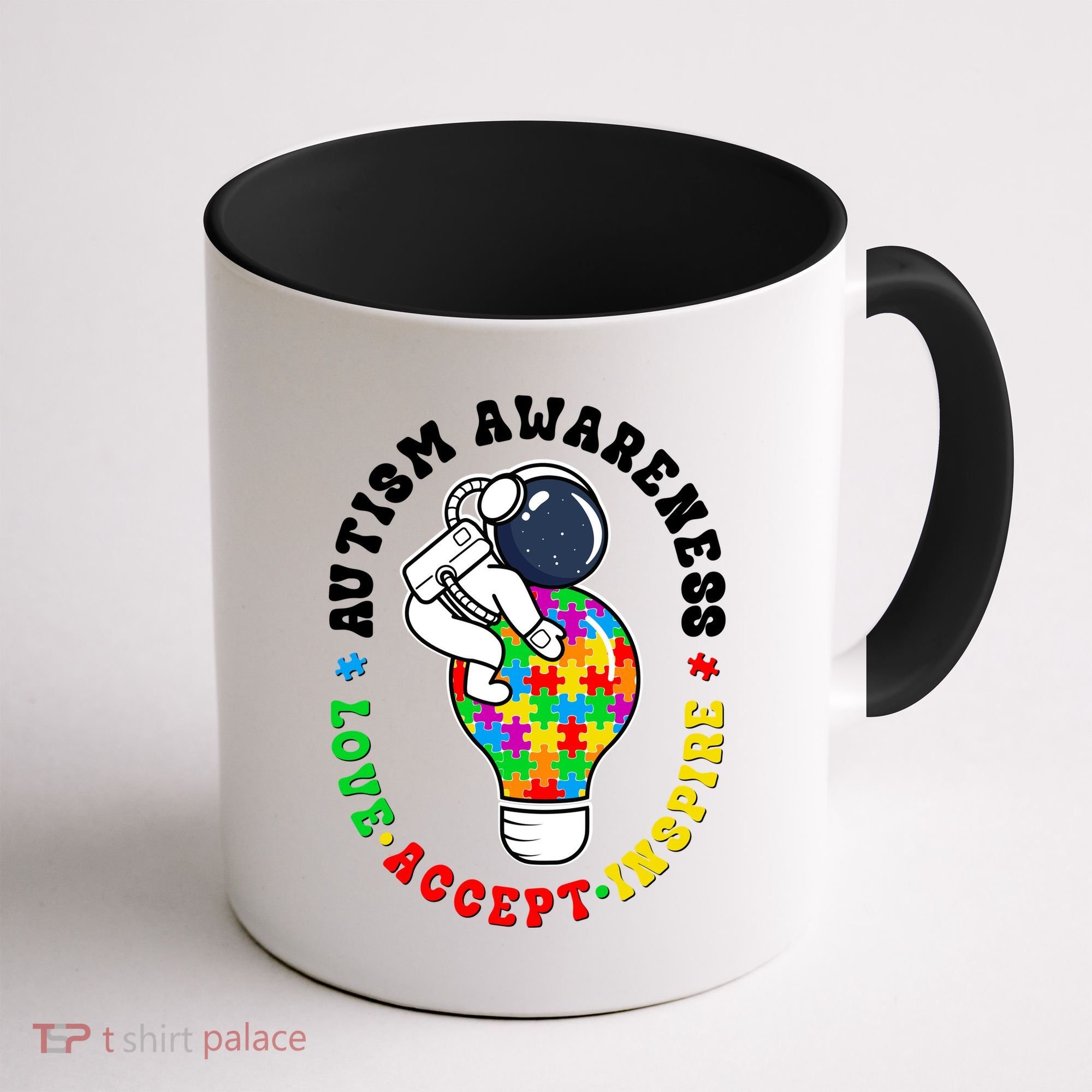 Autism Awareness Love Accept Inspire Astronaut Lightbulb Coffee Mug