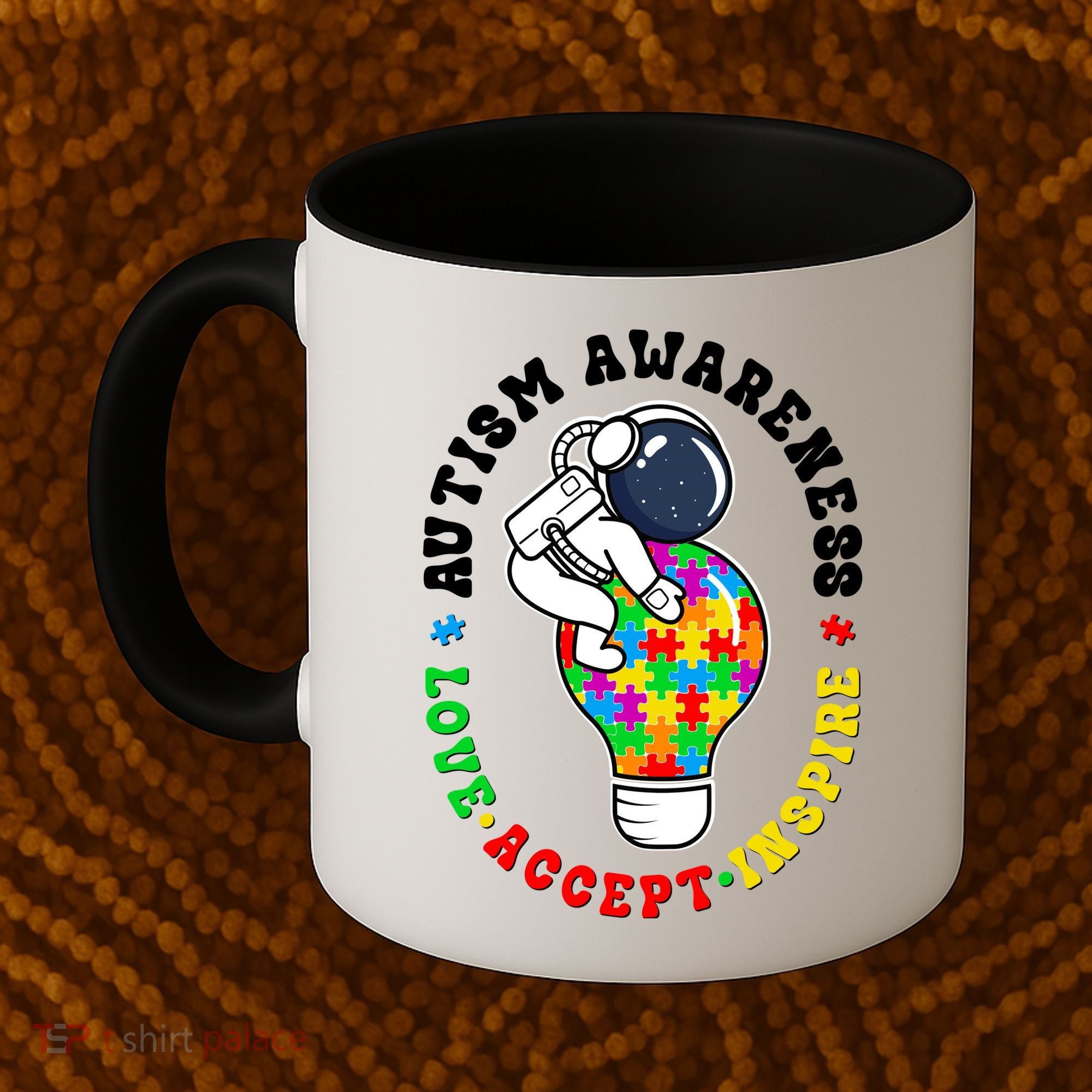 Autism Awareness Love Accept Inspire Astronaut Lightbulb Coffee Mug