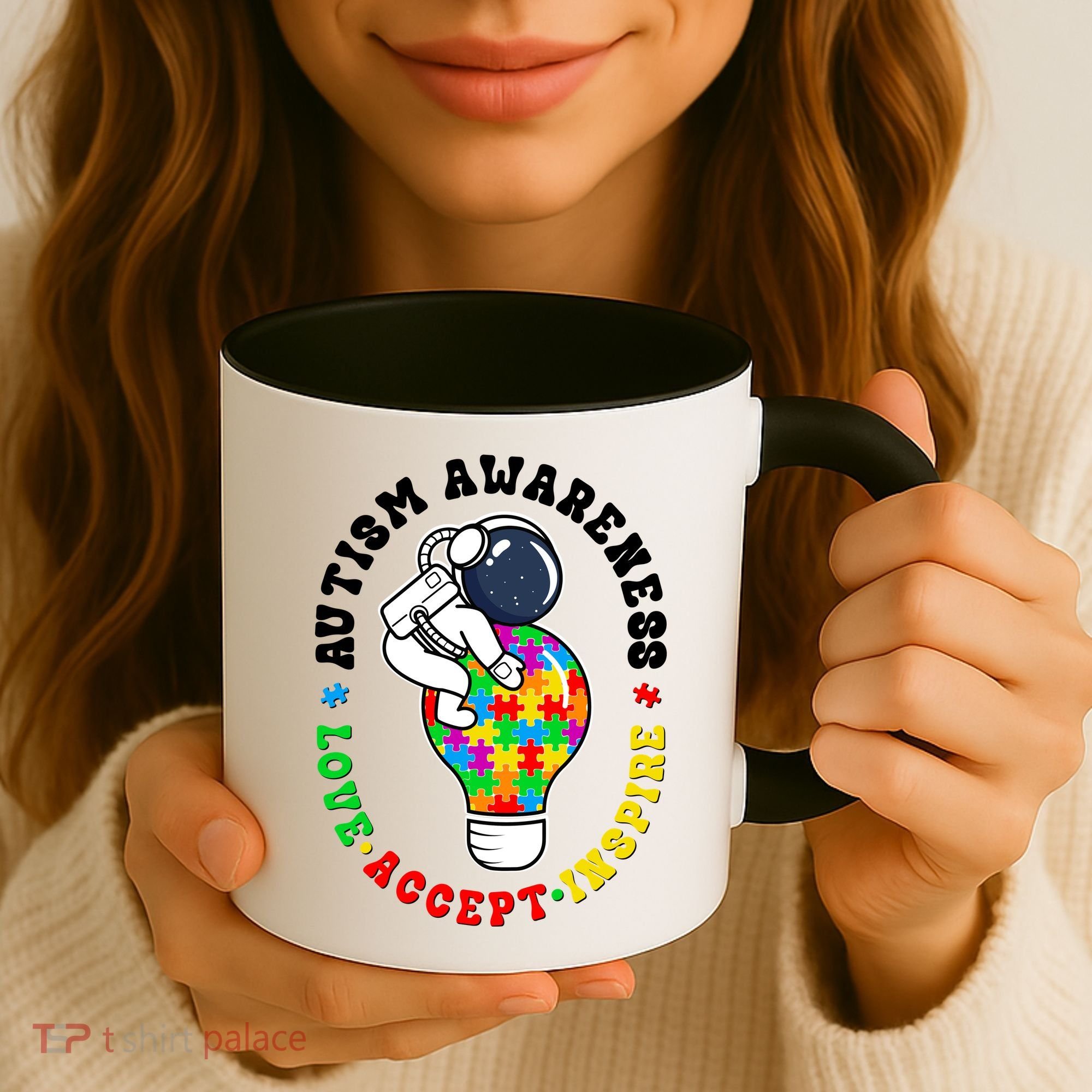 Autism Awareness Love Accept Inspire Astronaut Lightbulb Coffee Mug