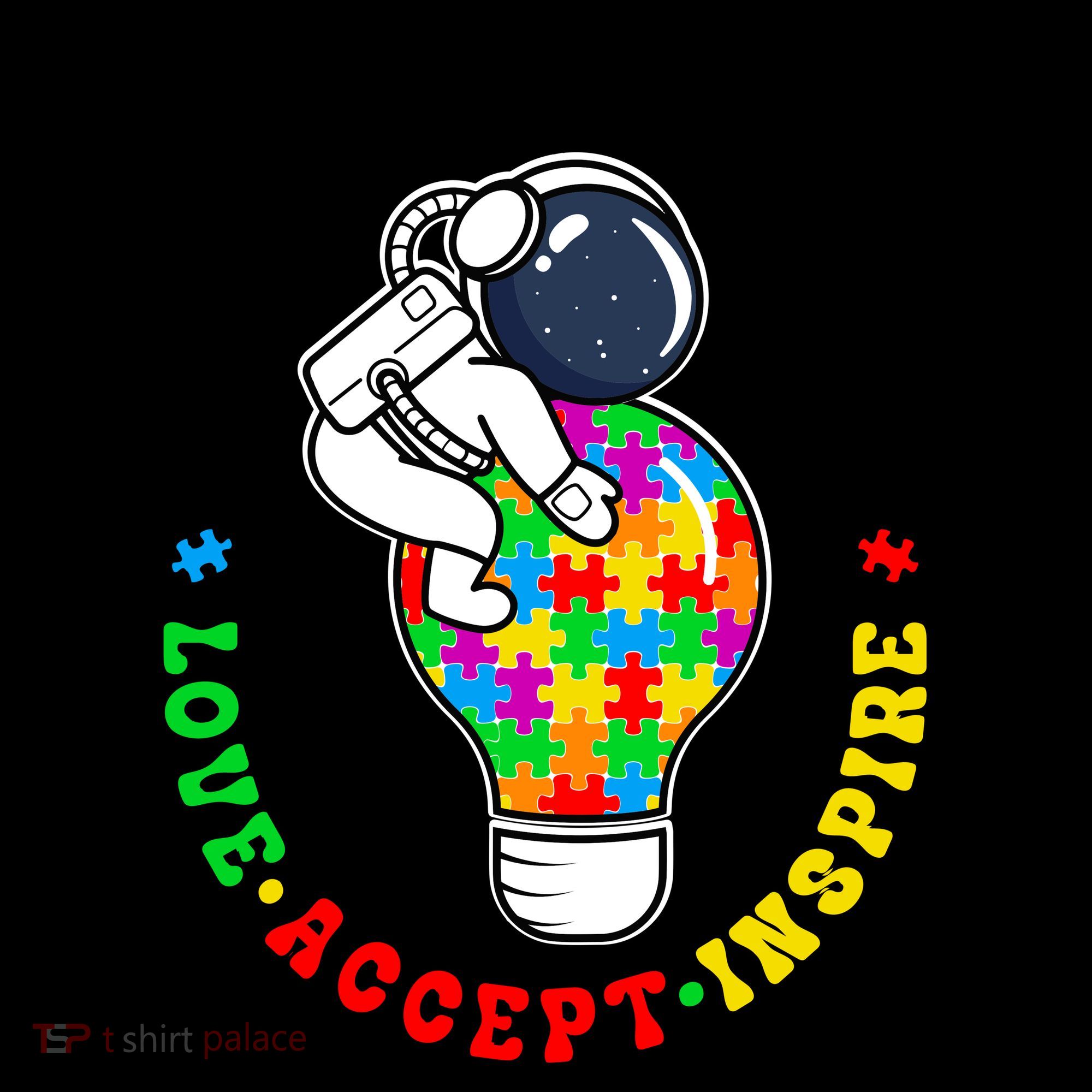 Autism Awareness Love Accept Inspire Astronaut Lightbulb Coffee Mug