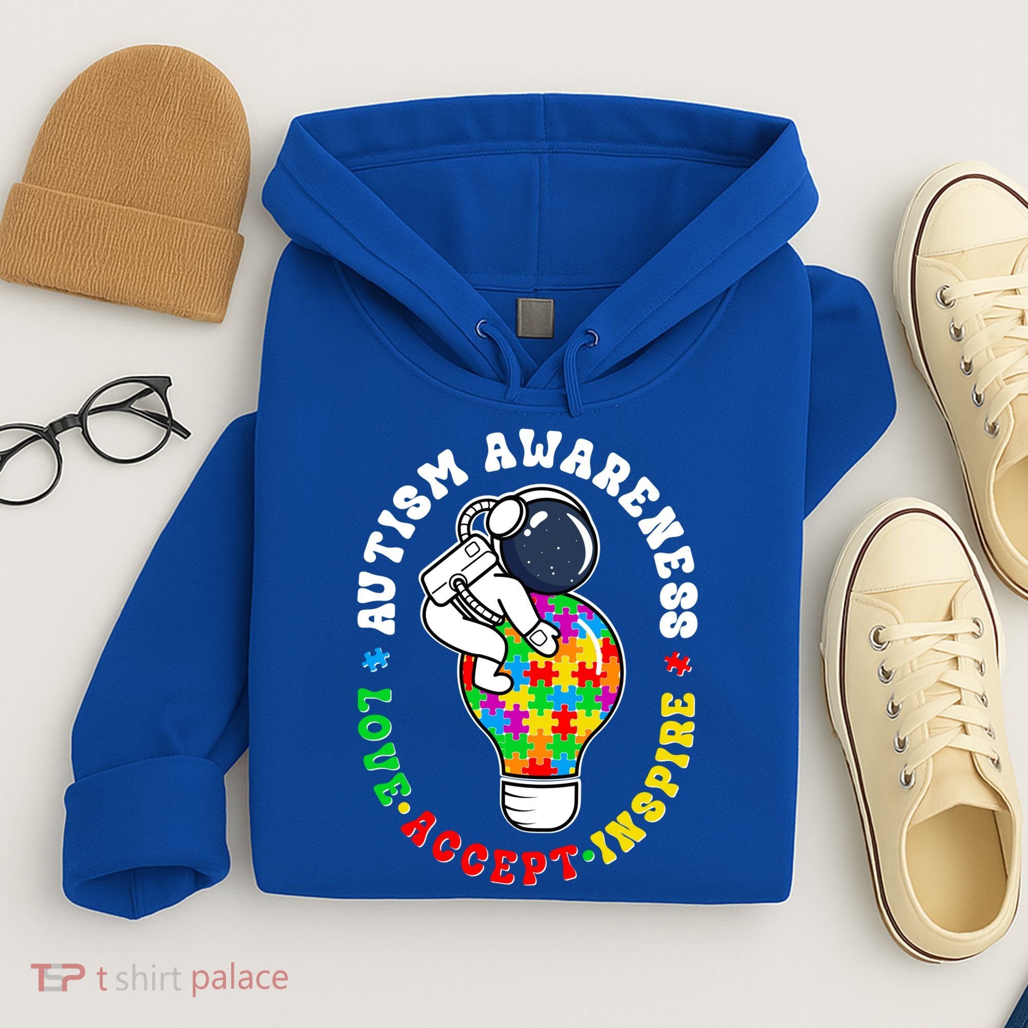 Autism Awareness Love Accept Inspire Astronaut Lightbulb Hoodie