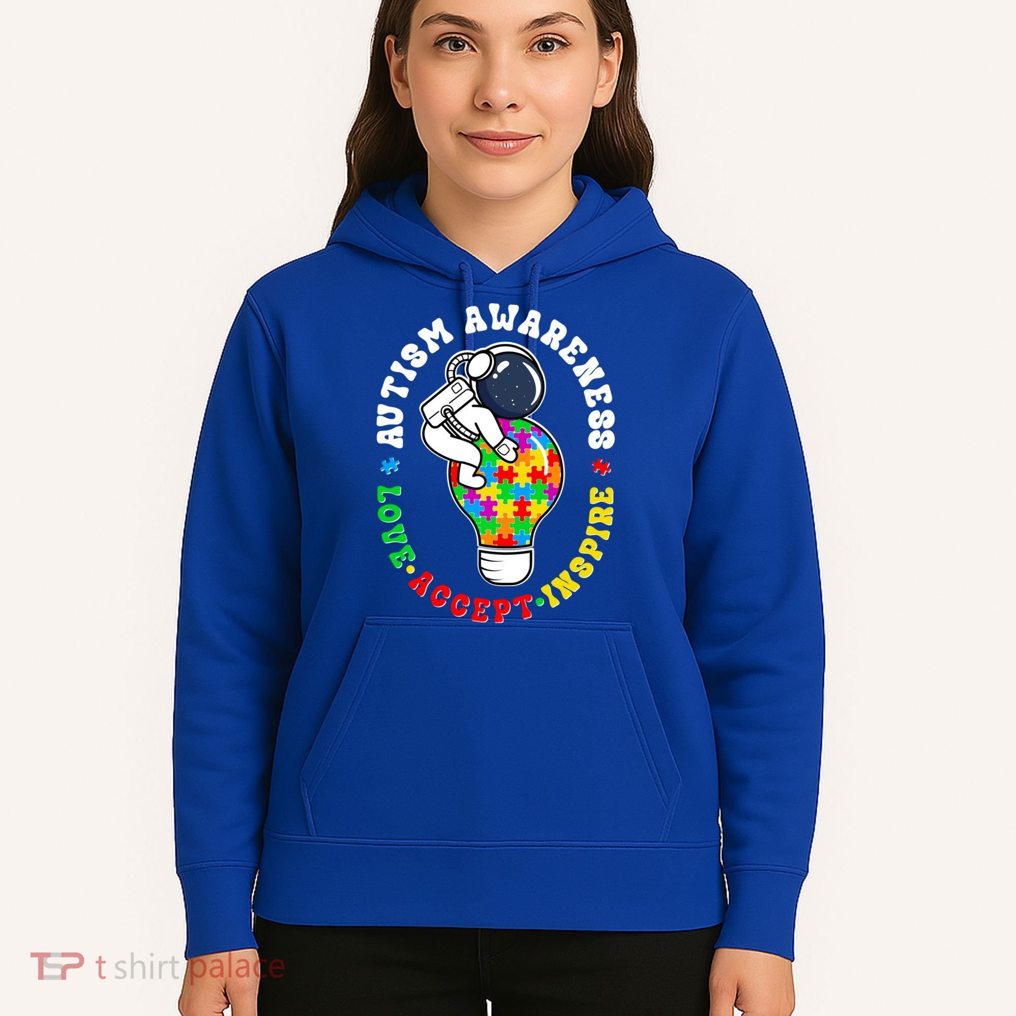 Autism Awareness Love Accept Inspire Astronaut Lightbulb Hoodie