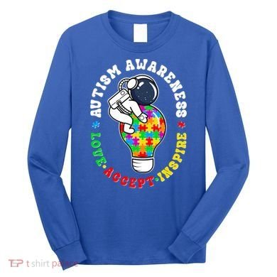 Autism Awareness Love Accept Inspire Astronaut Lightbulb Long Sleeve Shirt