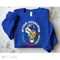 Autism Awareness Love Accept Inspire Astronaut Lightbulb Sweatshirt thumb 2