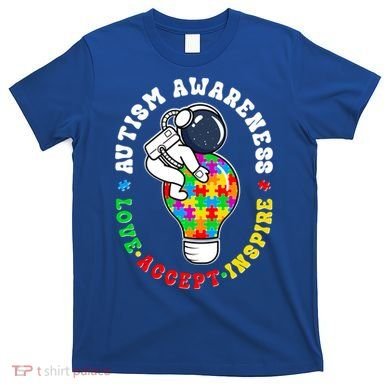 Autism Awareness Love Accept Inspire Astronaut Lightbulb T-Shirt