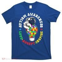 Autism Awareness Love Accept Inspire Astronaut Lightbulb T-Shirt thumb 0
