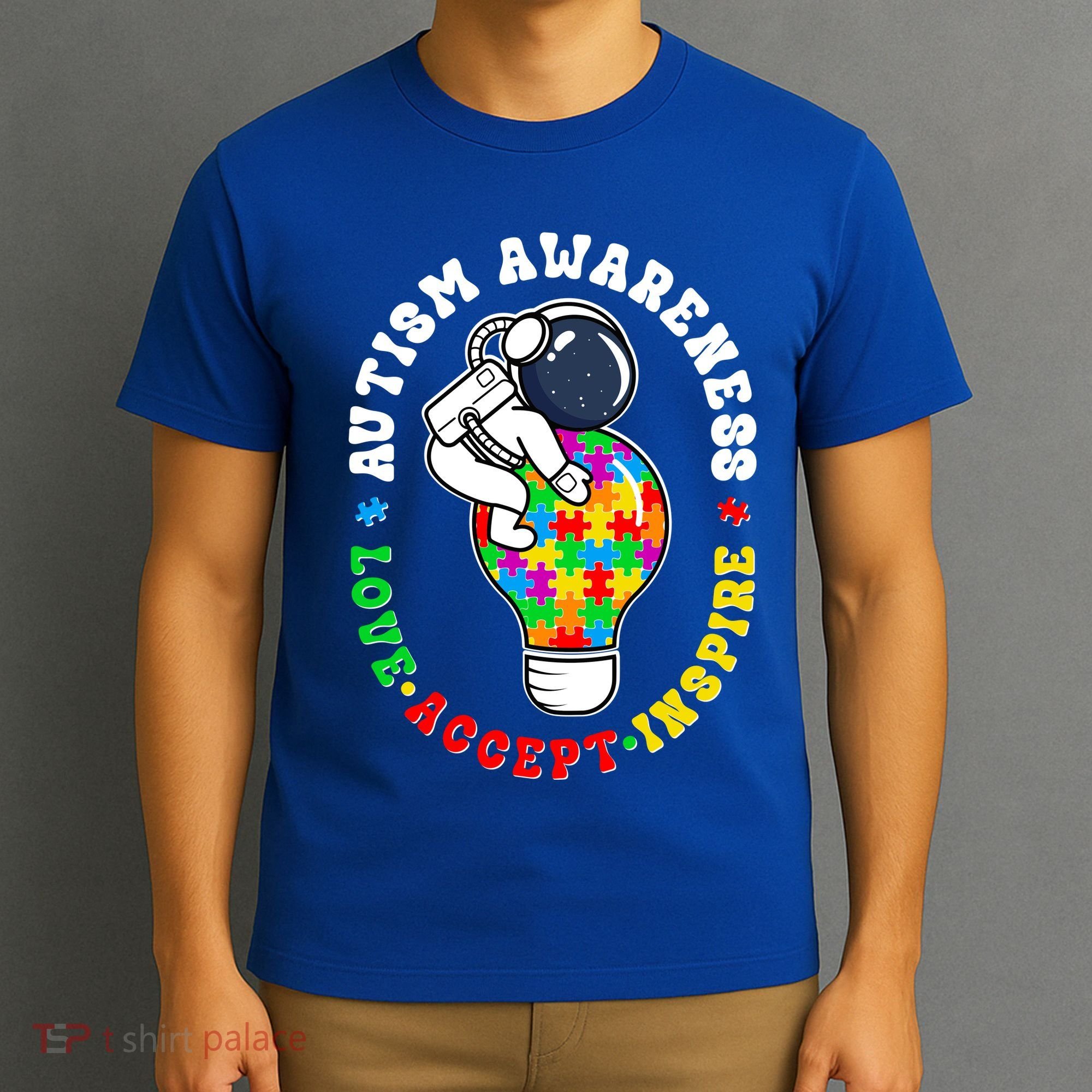 Autism Awareness Love Accept Inspire Astronaut Lightbulb T-Shirt