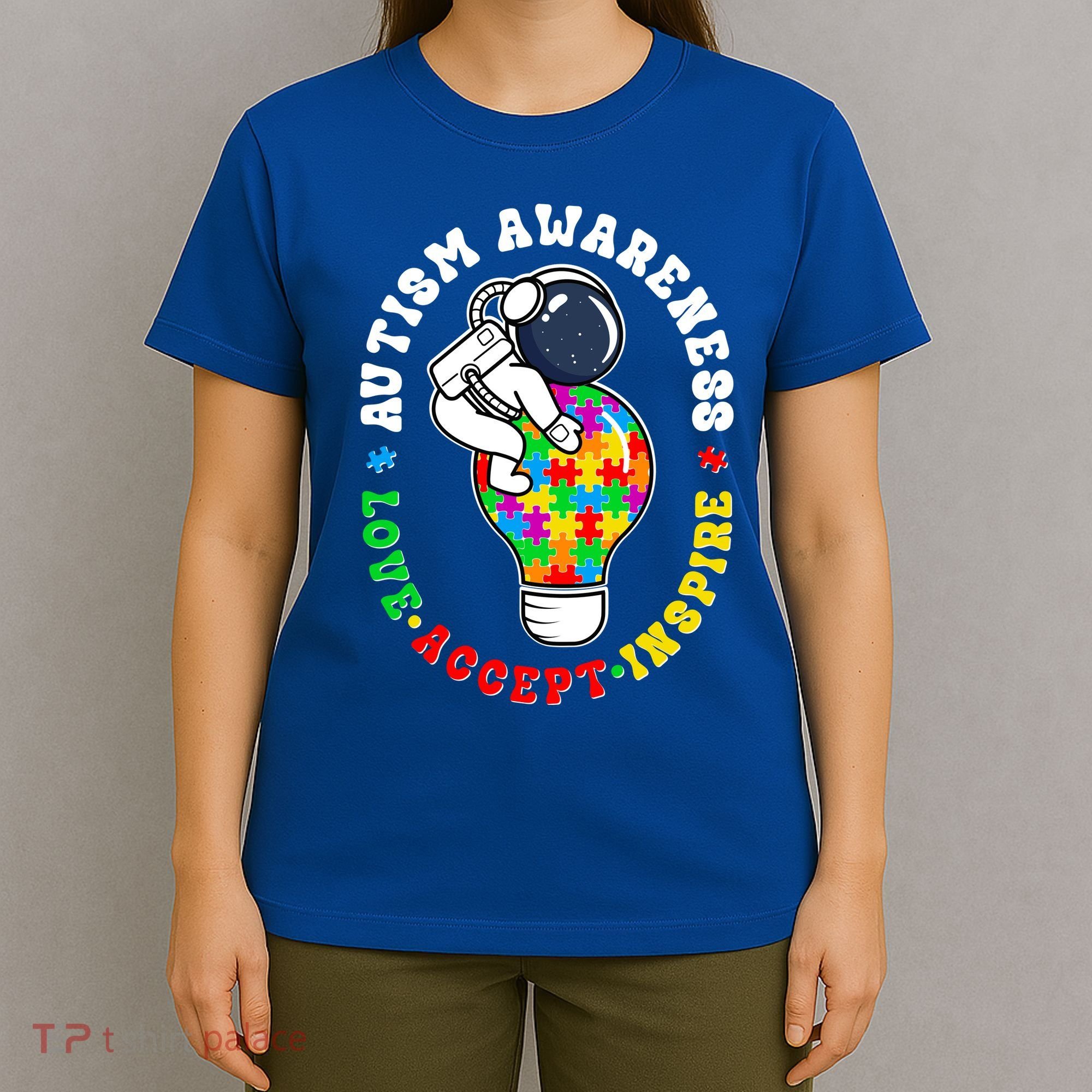 Autism Awareness Love Accept Inspire Astronaut Lightbulb T-Shirt