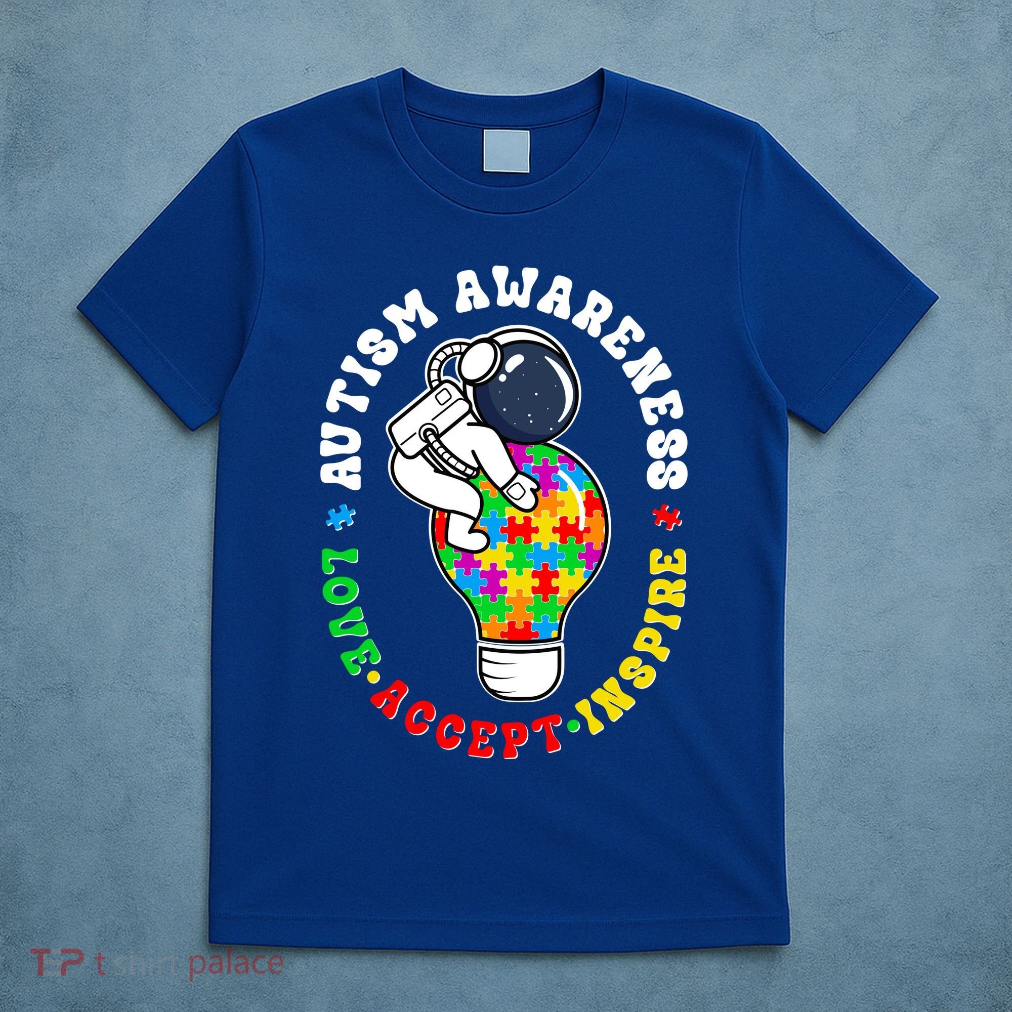 Autism Awareness Love Accept Inspire Astronaut Lightbulb T-Shirt
