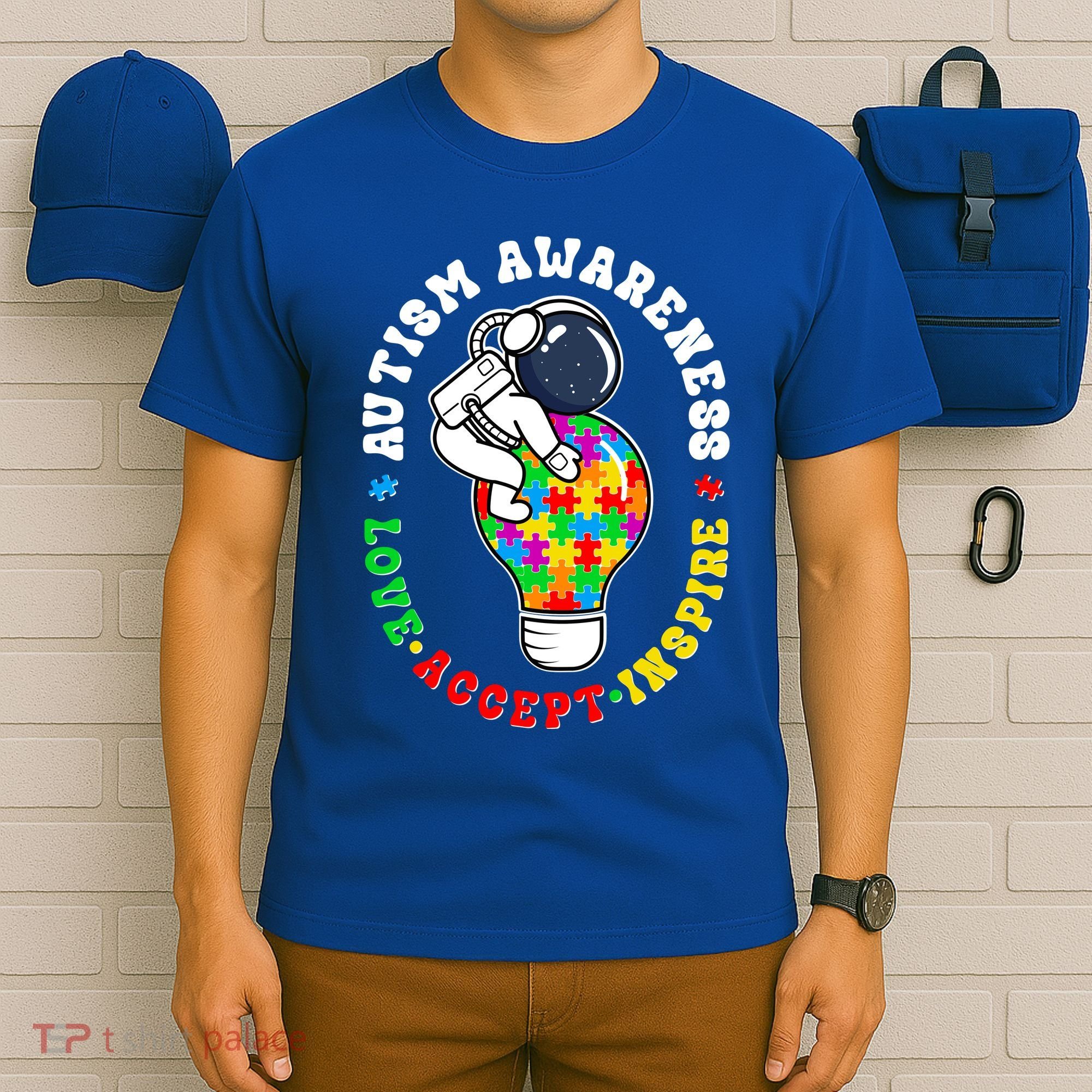 Autism Awareness Love Accept Inspire Astronaut Lightbulb T-Shirt