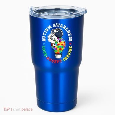 Autism Awareness Love Accept Inspire Astronaut Lightbulb Tumbler
