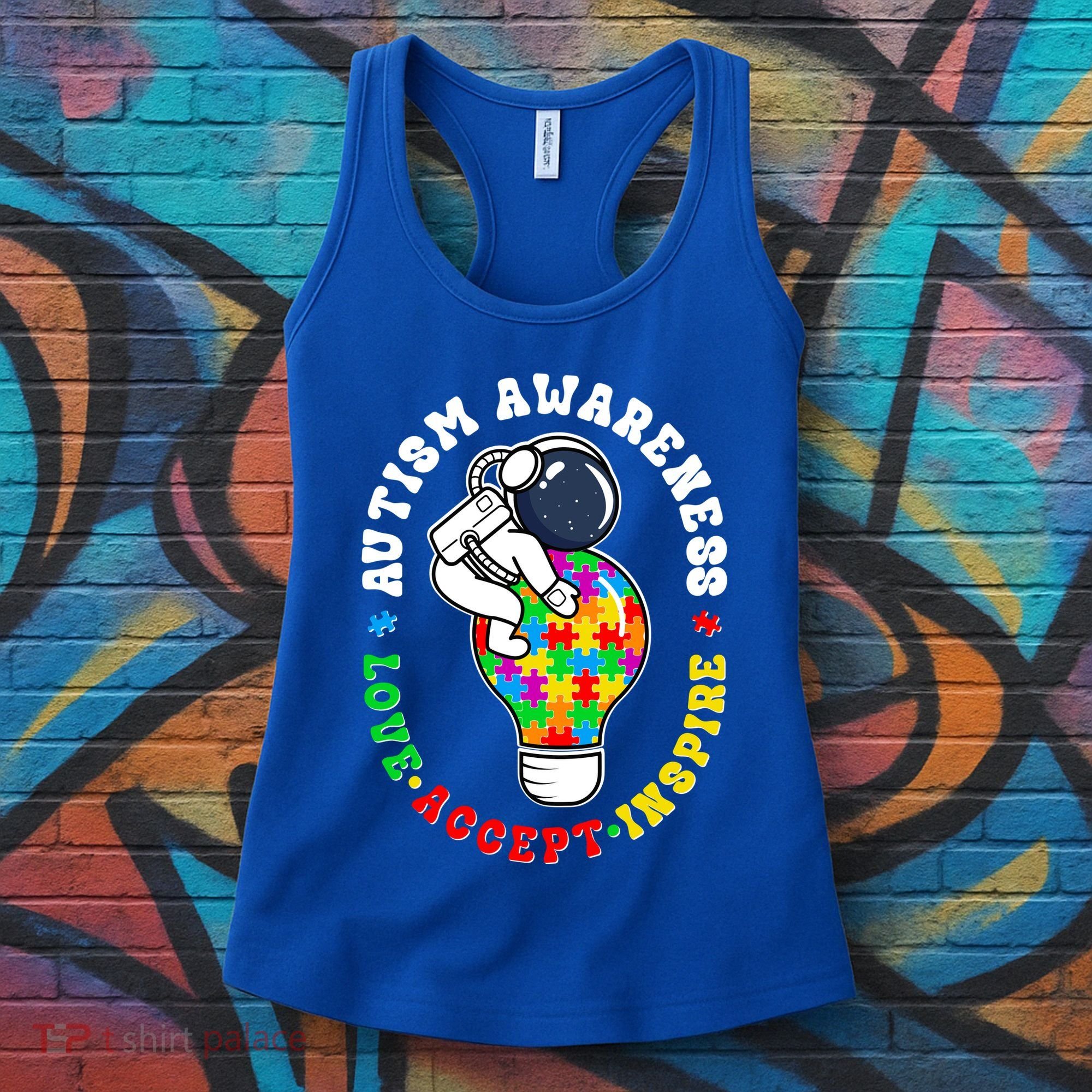 Autism Awareness Love Accept Inspire Astronaut Lightbulb Women's Tank Top