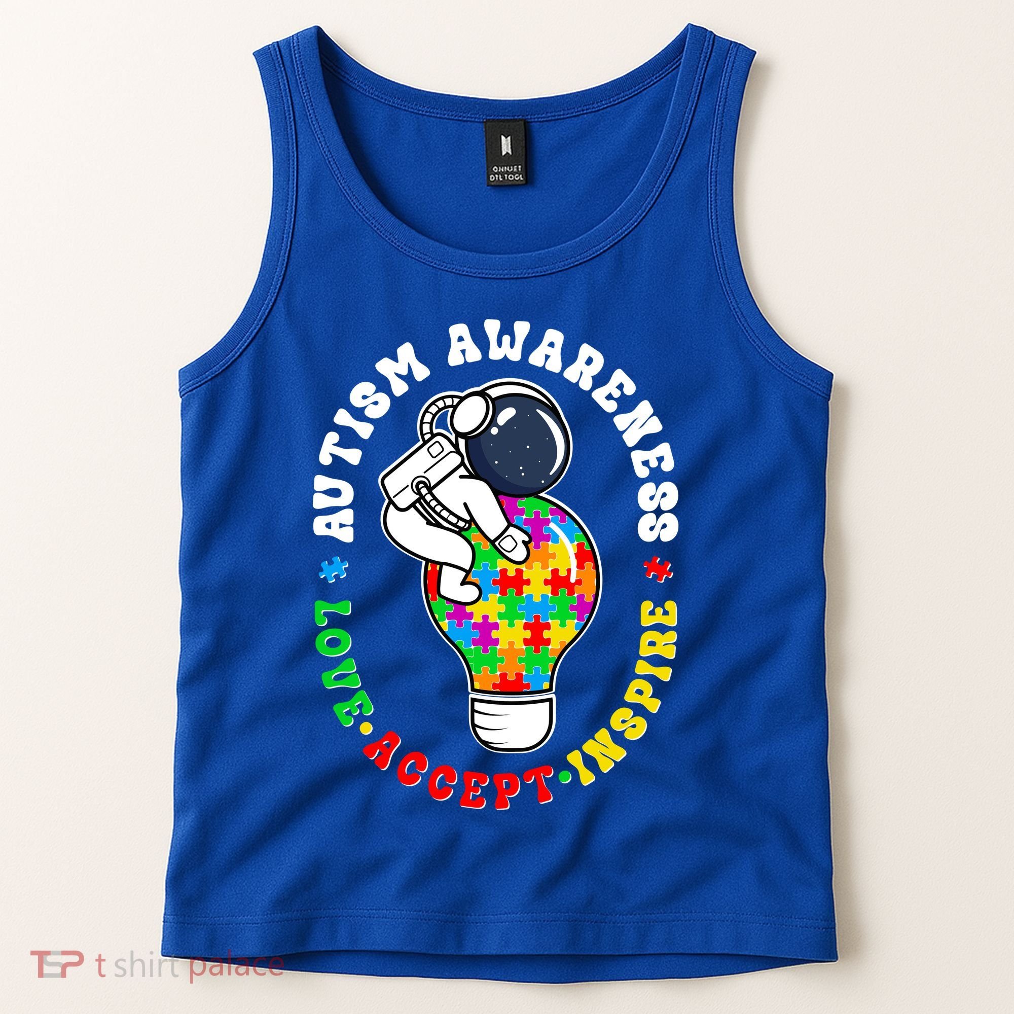 Autism Awareness Love Accept Inspire Astronaut Lightbulb Tank Top