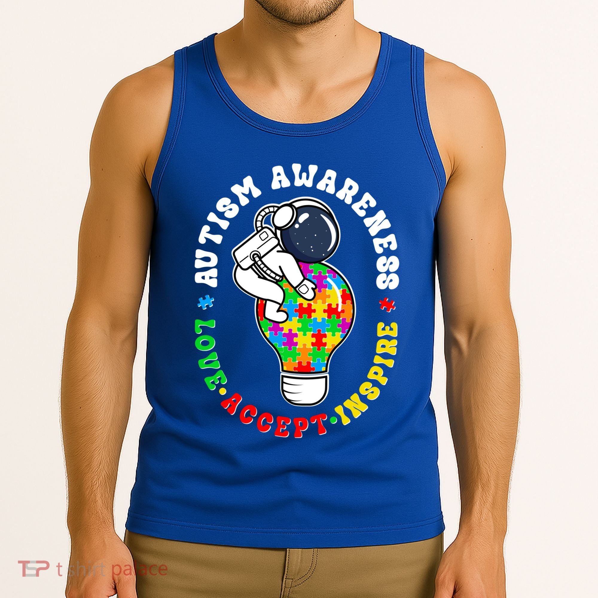 Autism Awareness Love Accept Inspire Astronaut Lightbulb Tank Top