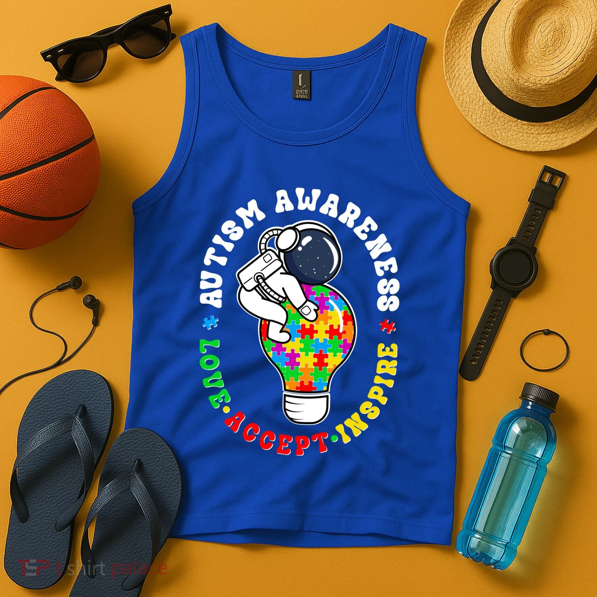 Autism Awareness Love Accept Inspire Astronaut Lightbulb Tank Top