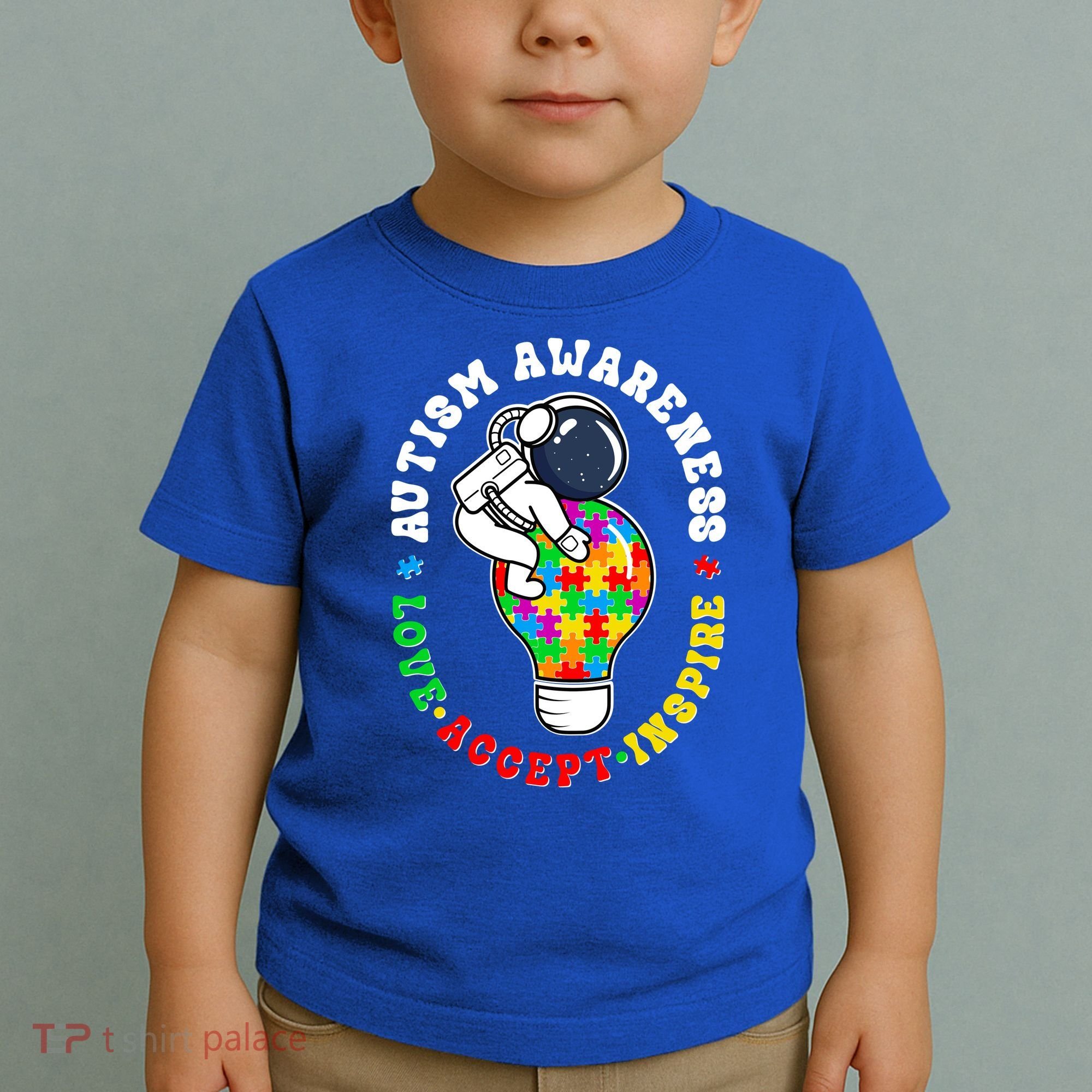 Autism Awareness Love Accept Inspire Astronaut Lightbulb Toddler T-Shirt