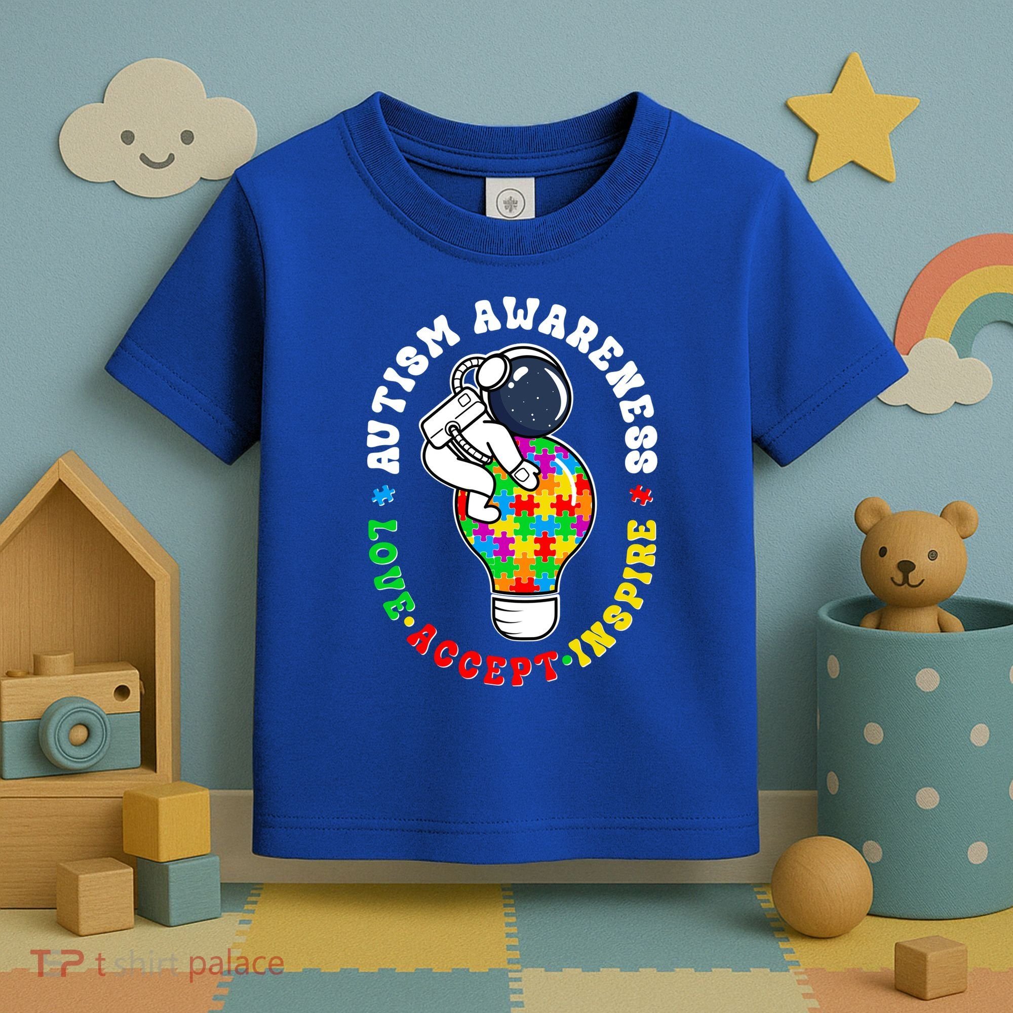 Autism Awareness Love Accept Inspire Astronaut Lightbulb Toddler T-Shirt