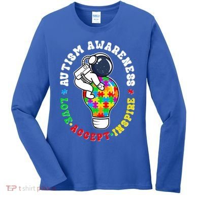 Autism Awareness Love Accept Inspire Astronaut Lightbulb Women's Long Sleeve Shirt