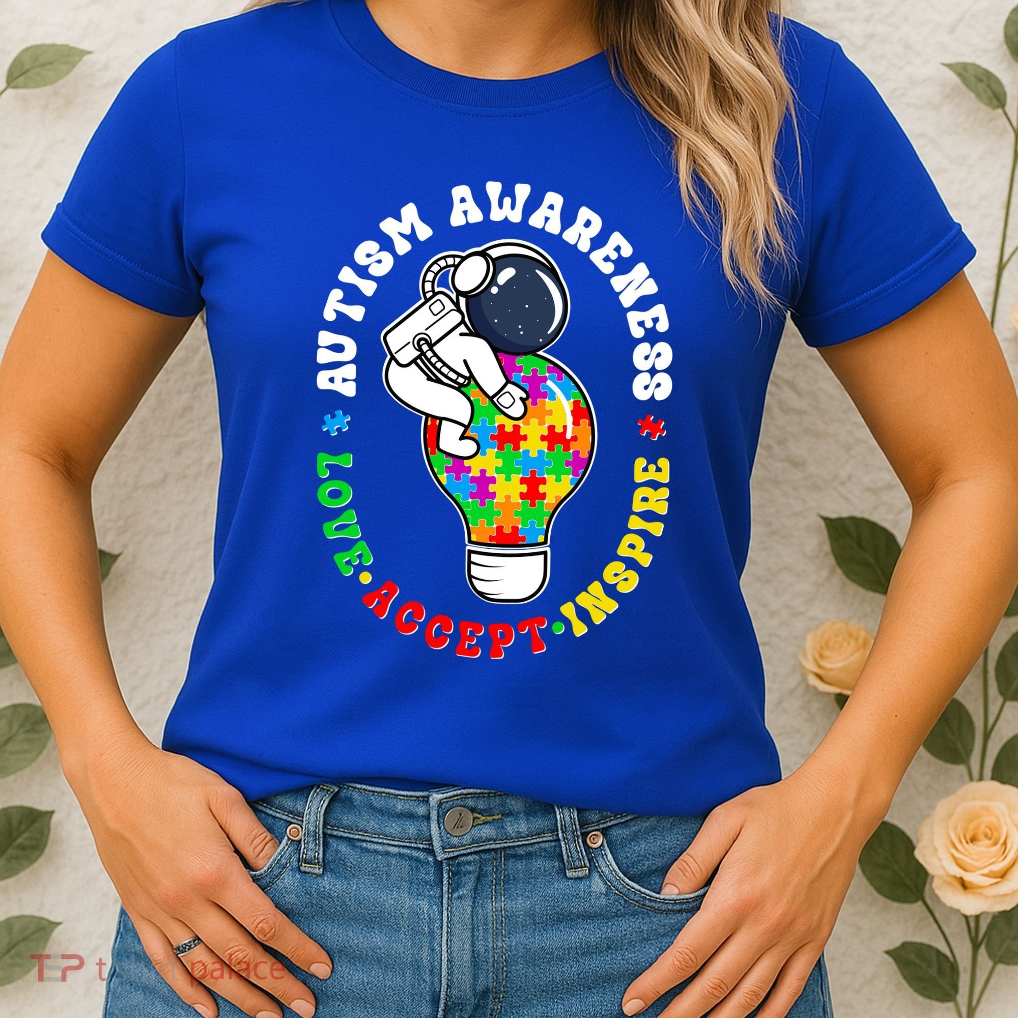 Autism Awareness Love Accept Inspire Astronaut Lightbulb Women's T-Shirt