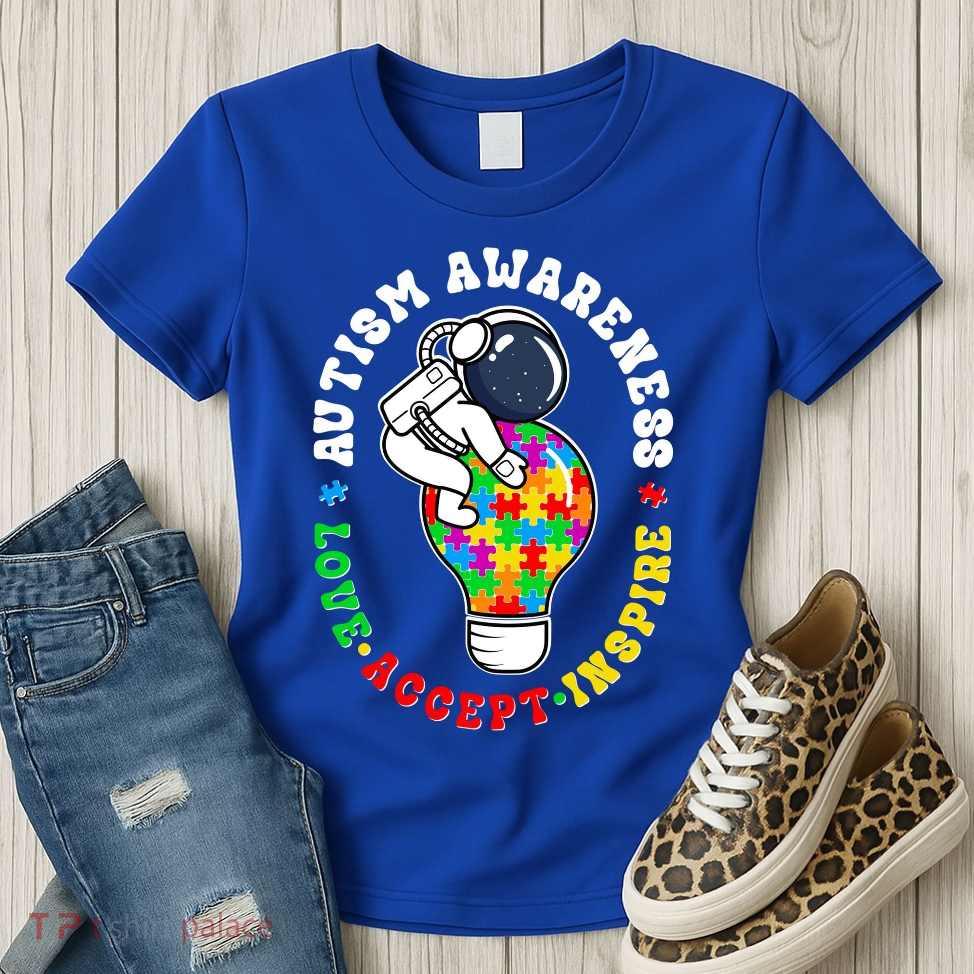 Autism Awareness Love Accept Inspire Astronaut Lightbulb Women's T-Shirt