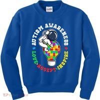 Autism Awareness Love Accept Inspire Astronaut Lightbulb Kids Sweatshirt thumb 0