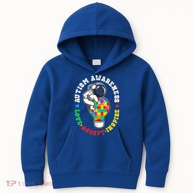 Autism Awareness Love Accept Inspire Astronaut Lightbulb Kids Hoodie