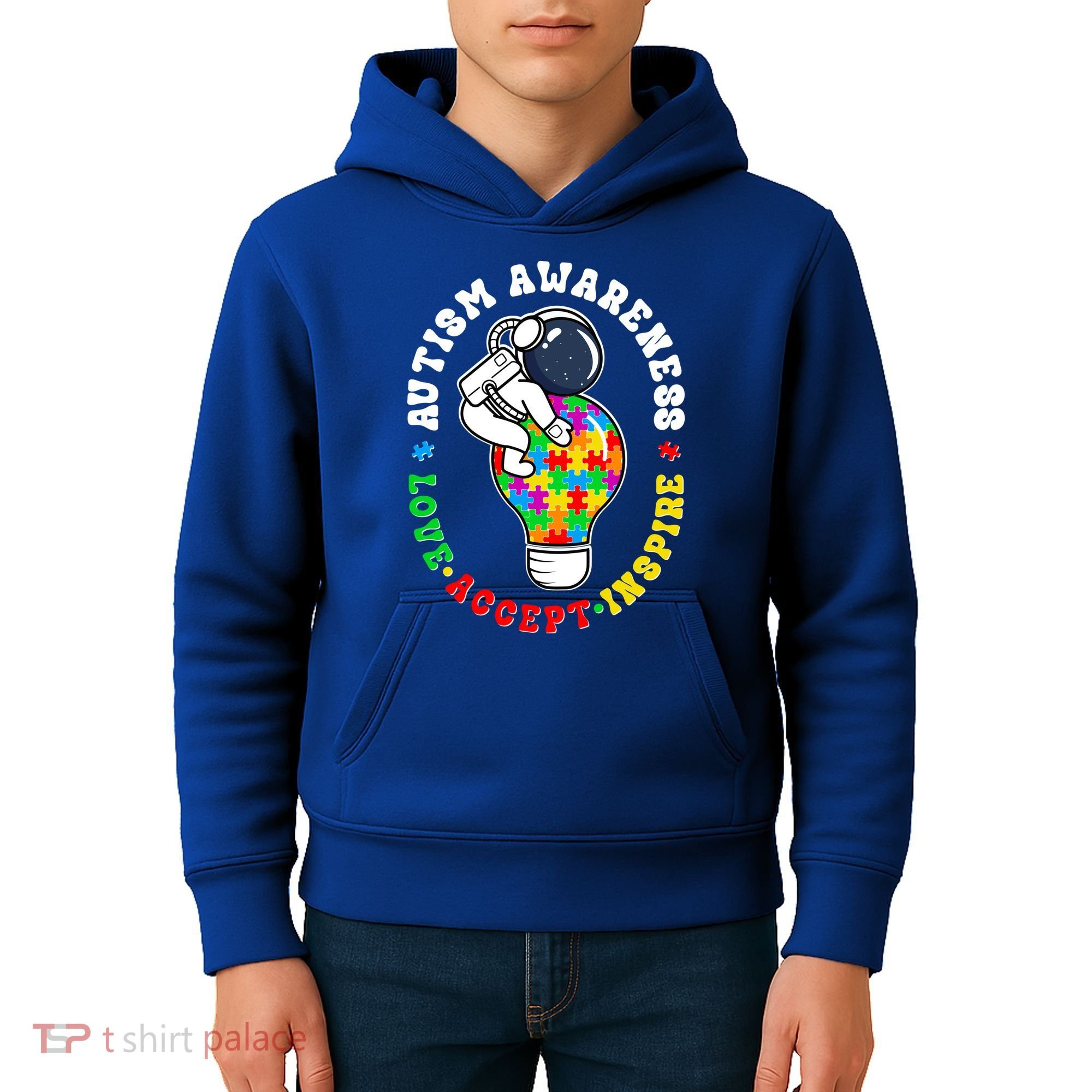 Autism Awareness Love Accept Inspire Astronaut Lightbulb Kids Hoodie