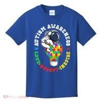 Autism Awareness Love Accept Inspire Astronaut Lightbulb Kids T-Shirt thumb 0