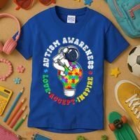Autism Awareness Love Accept Inspire Astronaut Lightbulb Kids T-Shirt thumb 3