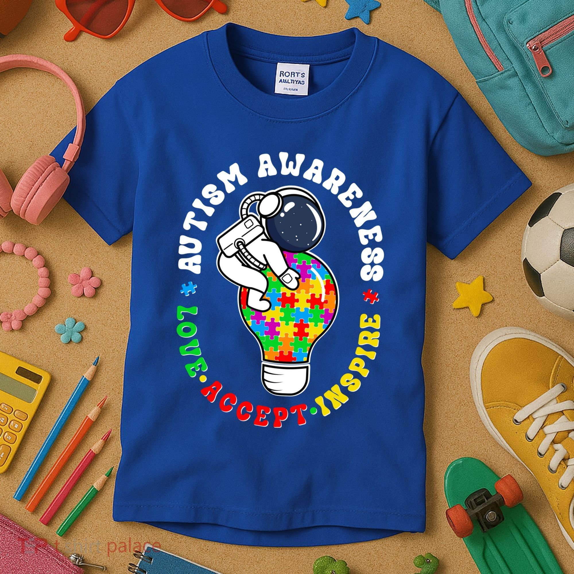 Autism Awareness Love Accept Inspire Astronaut Lightbulb Kids T-Shirt