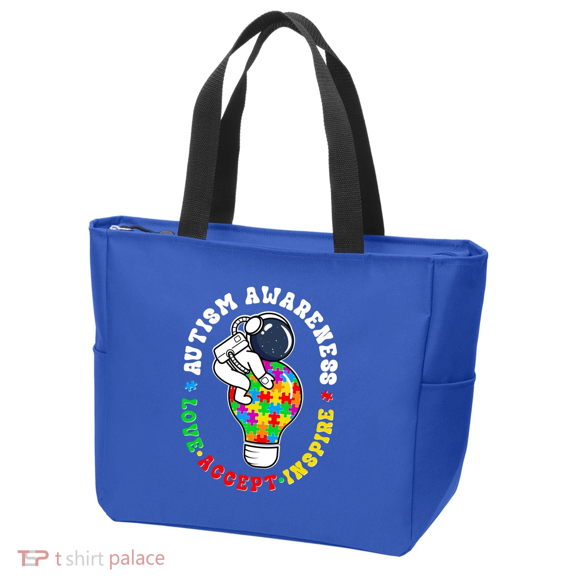 Autism Awareness Love Accept Inspire Astronaut Lightbulb Tote Bag