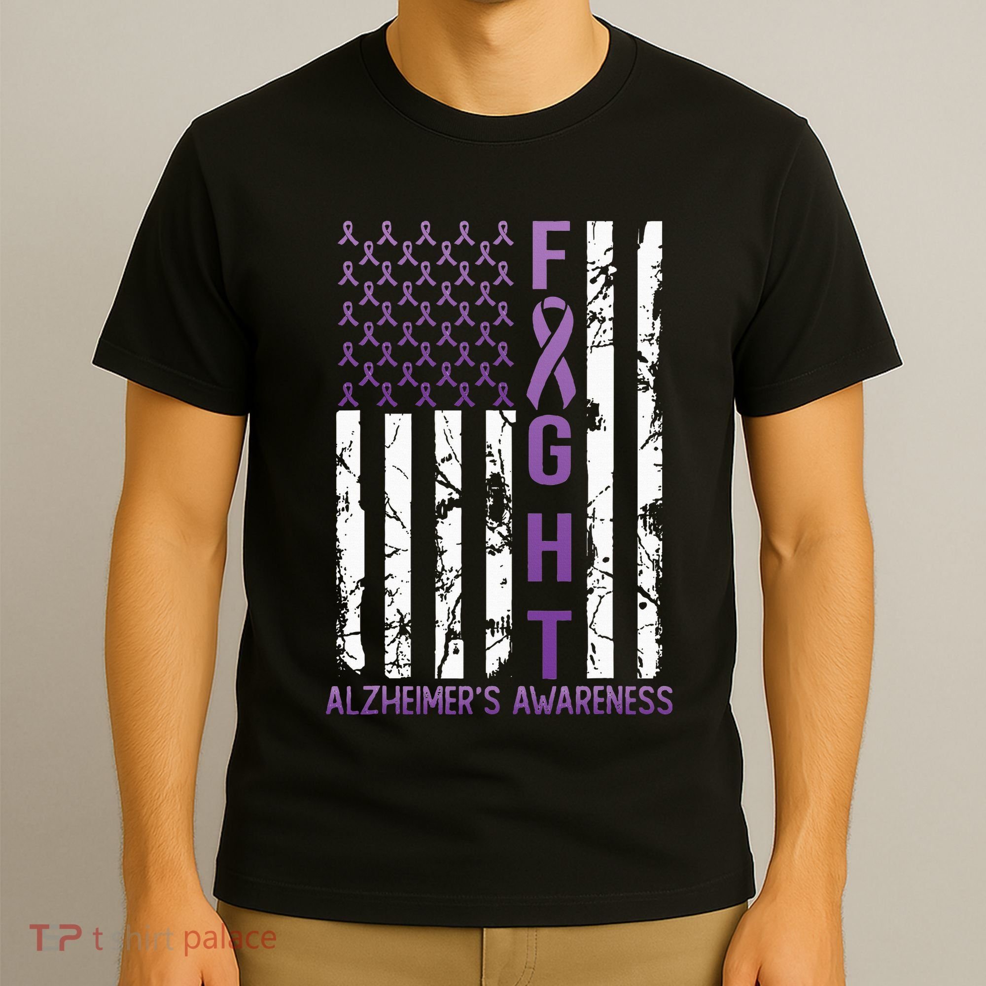 Alzheimers Awareness Month Day USA Flag Ribbon Purple T-Shirt