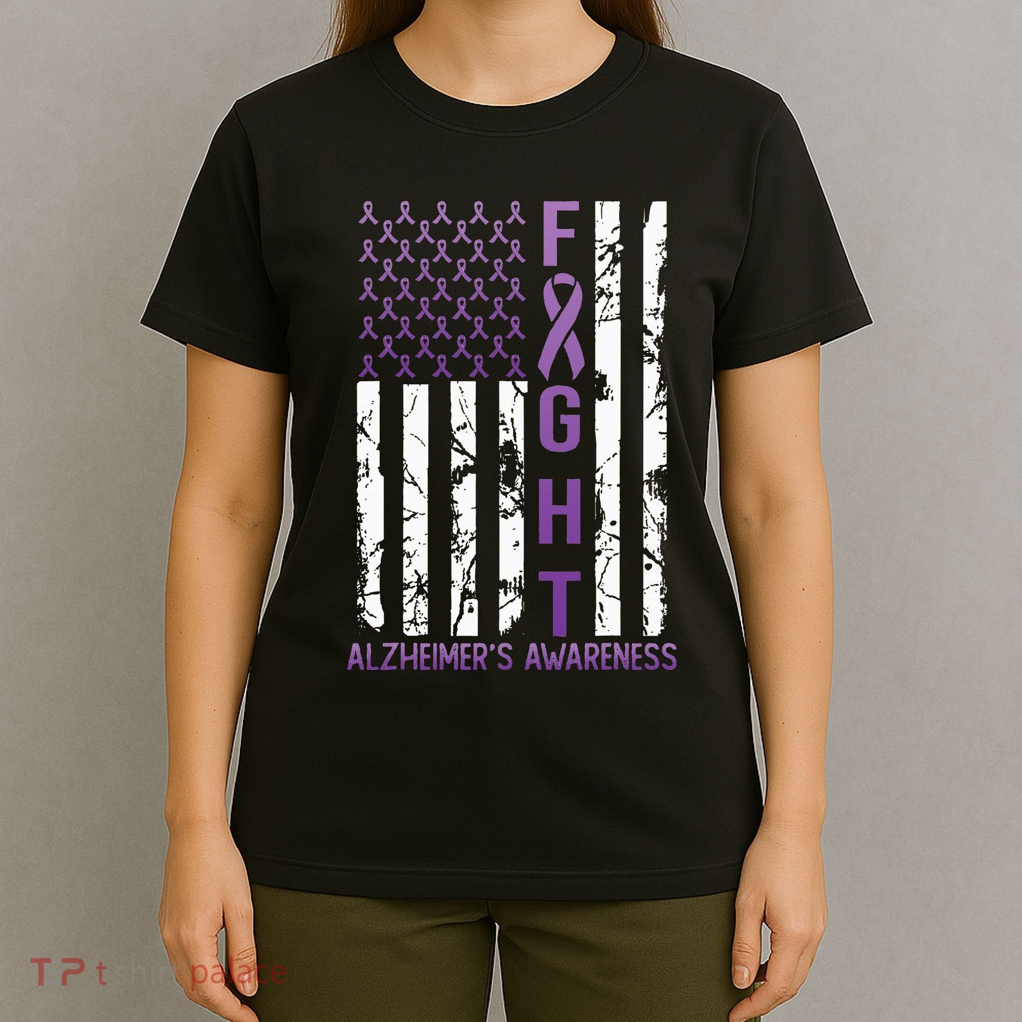 Alzheimers Awareness Month Day USA Flag Ribbon Purple T-Shirt
