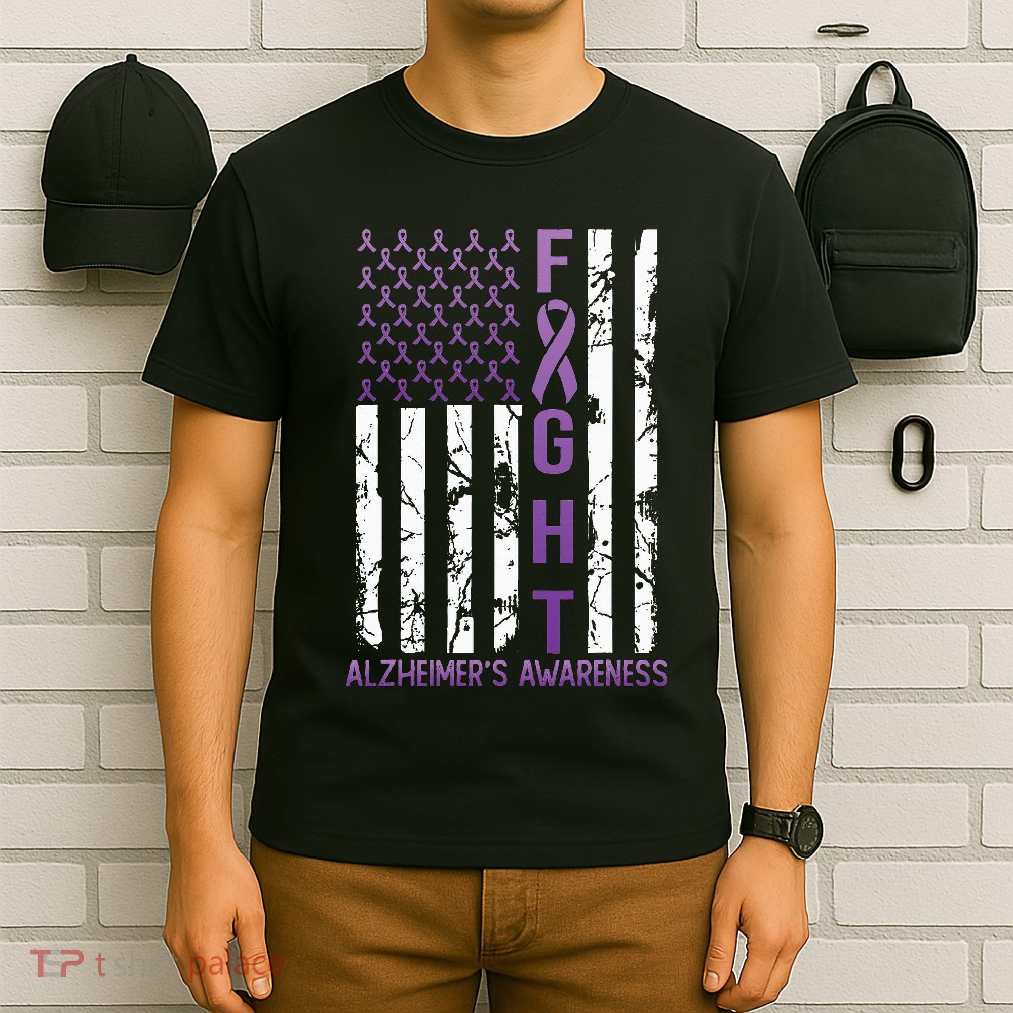 Alzheimers Awareness Month Day USA Flag Ribbon Purple T-Shirt
