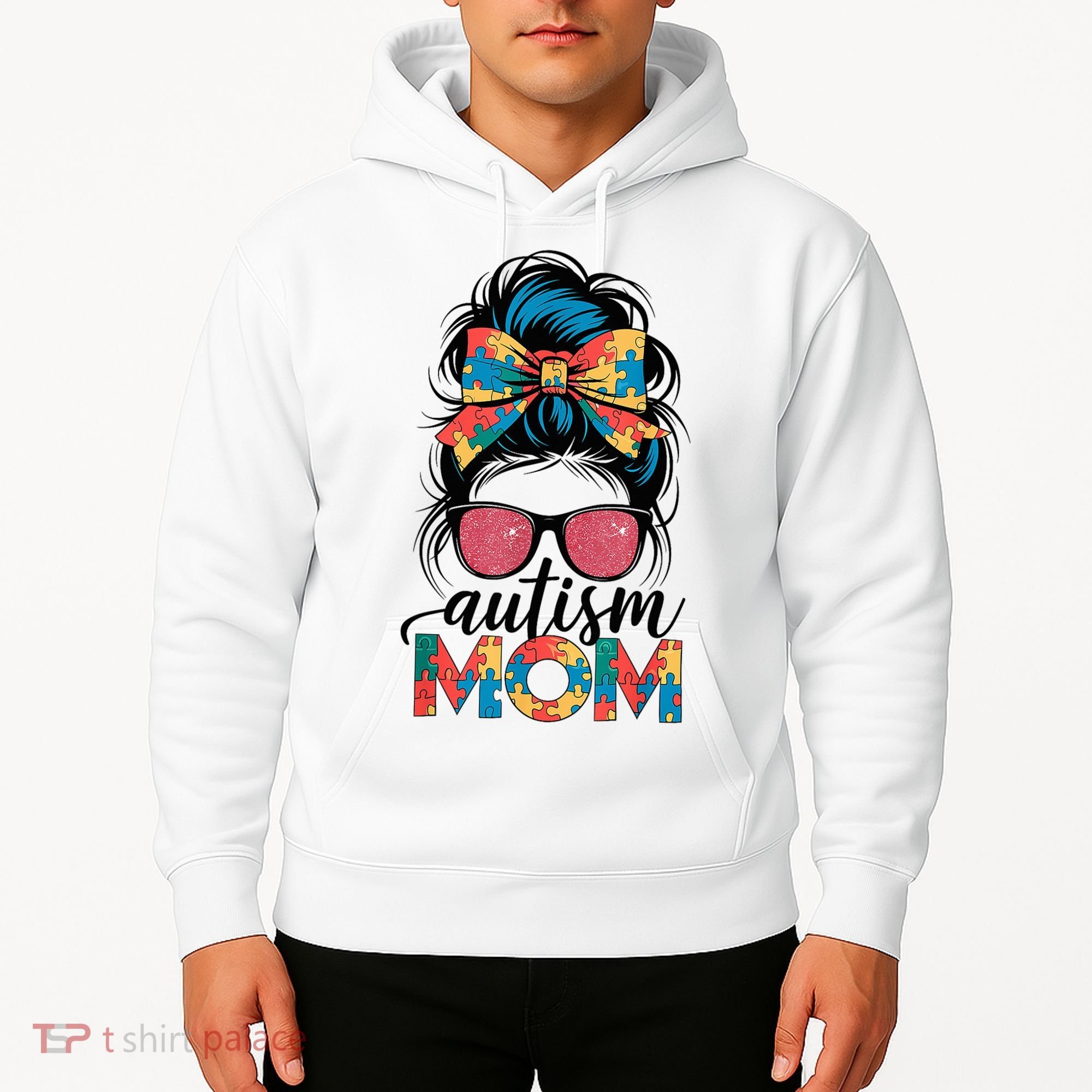 Autism Awareness Messy Bun Autism Mom Coquette Bow Puzzle Hoodie