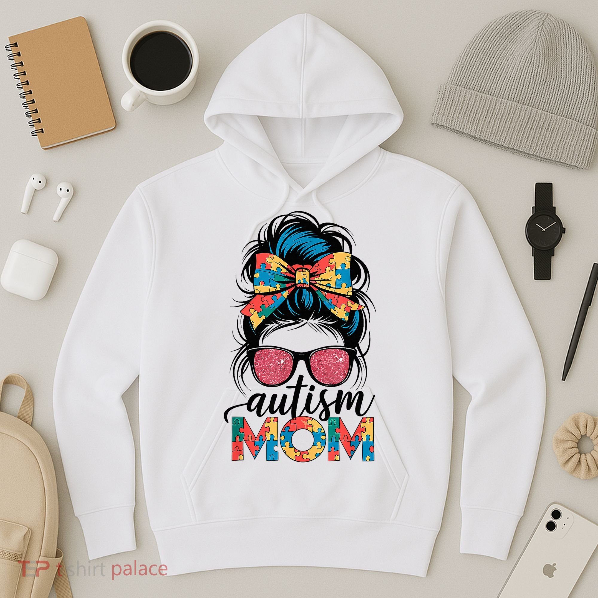 Autism Awareness Messy Bun Autism Mom Coquette Bow Puzzle Hoodie