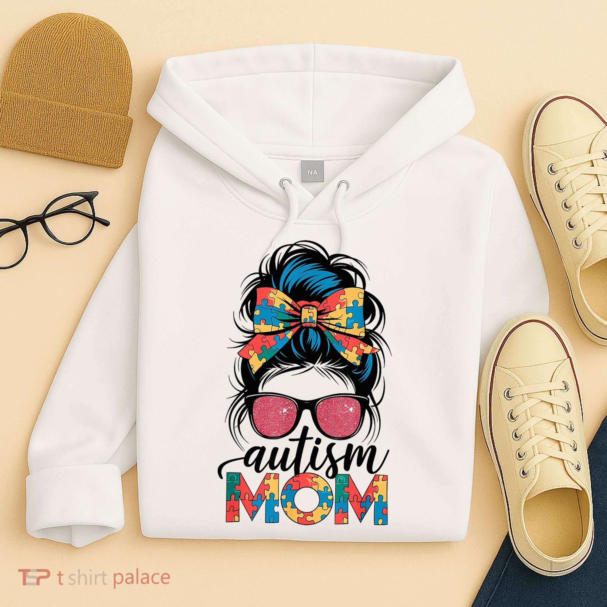 Autism Awareness Messy Bun Autism Mom Coquette Bow Puzzle Hoodie