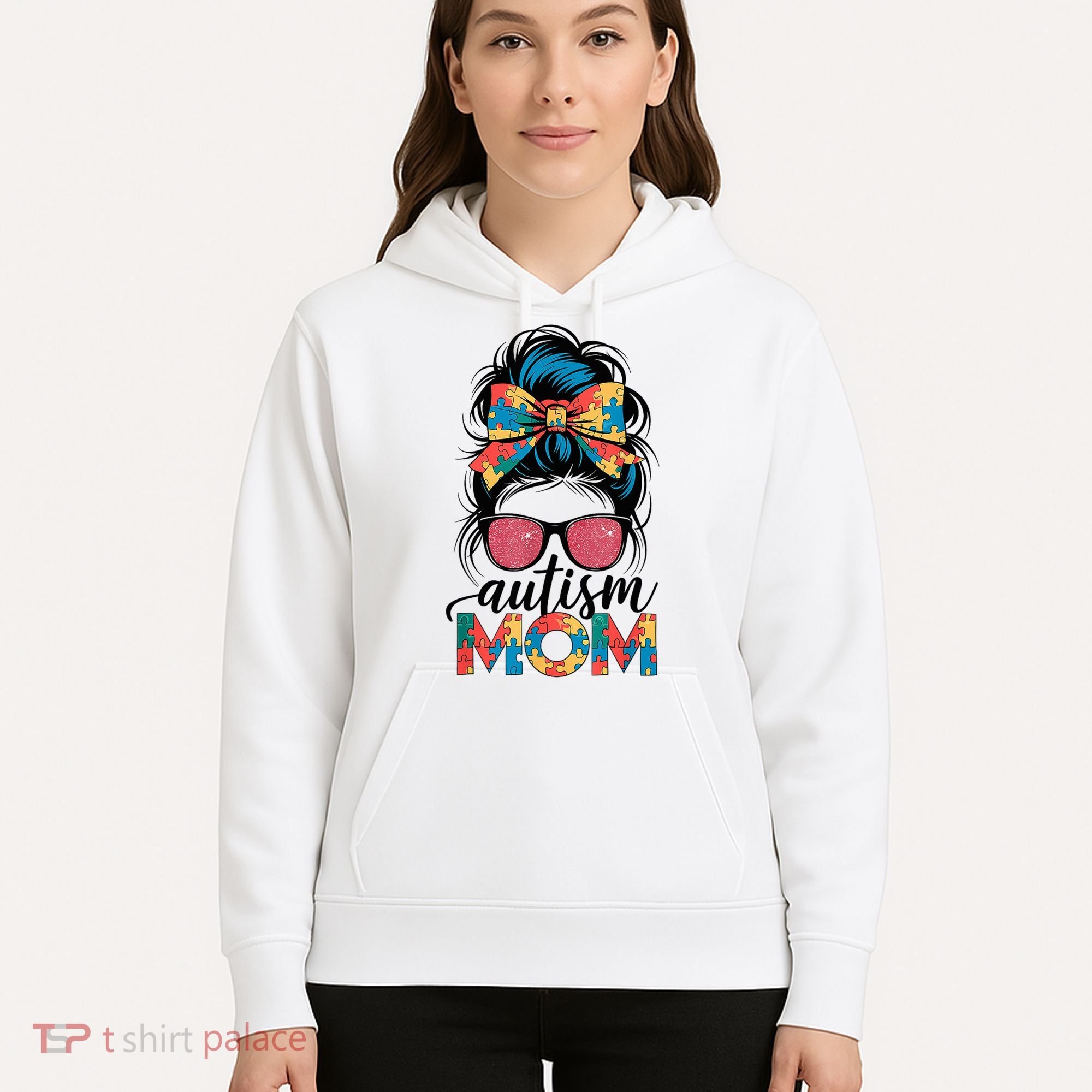 Autism Awareness Messy Bun Autism Mom Coquette Bow Puzzle Hoodie