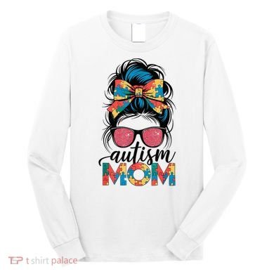 Autism Awareness Messy Bun Autism Mom Coquette Bow Puzzle Long Sleeve Shirt