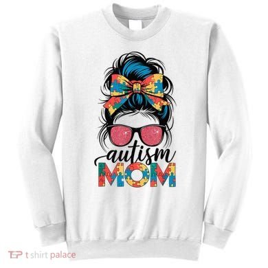Autism Awareness Messy Bun Autism Mom Coquette Bow Puzzle Sweatshirt