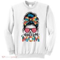 Autism Awareness Messy Bun Autism Mom Coquette Bow Puzzle Sweatshirt thumb 0