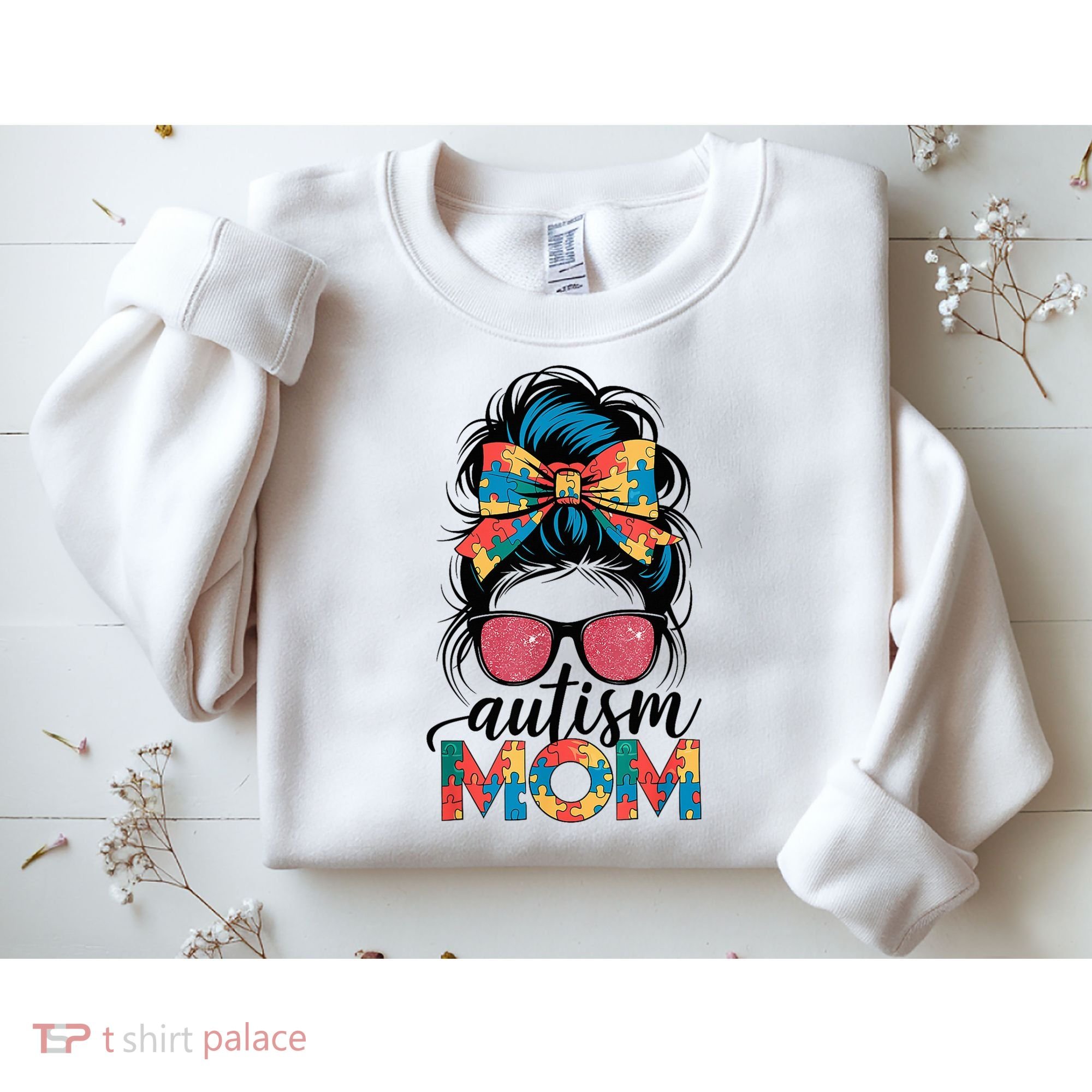 Autism Awareness Messy Bun Autism Mom Coquette Bow Puzzle Sweatshirt