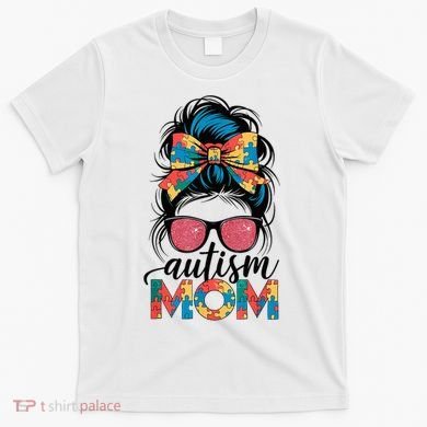 Autism Awareness Messy Bun Autism Mom Coquette Bow Puzzle T-Shirt
